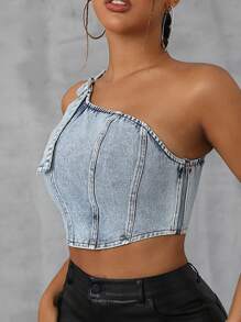 SHEIN SXY Summer Fashionable Washed Denim One-Shoulder Cropped Top - Blue - View 5