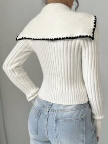 SHEIN Unity Contrast Trim Sailor Collar Bow Front Crop Cardigan - Beige - View 4