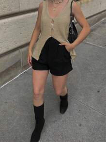 Chiquease Plain Color Fitted Sleeveless Knit Top - Khaki - View 3