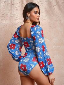 Franco Mattico Designer Boho Bohemian Sexy Floral Flower Print Hollow Out Long Sleeve Bodysuit, Summer, For Holiday, Vacation, Spring, Beach, Festival, Ibiza Fits - Multicolor - View 2