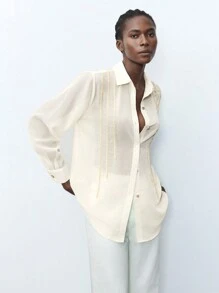 Maija Women's Spring And Summer Casual Ribbon Stitching Long Sleeve Shirt - Apricot - View 7