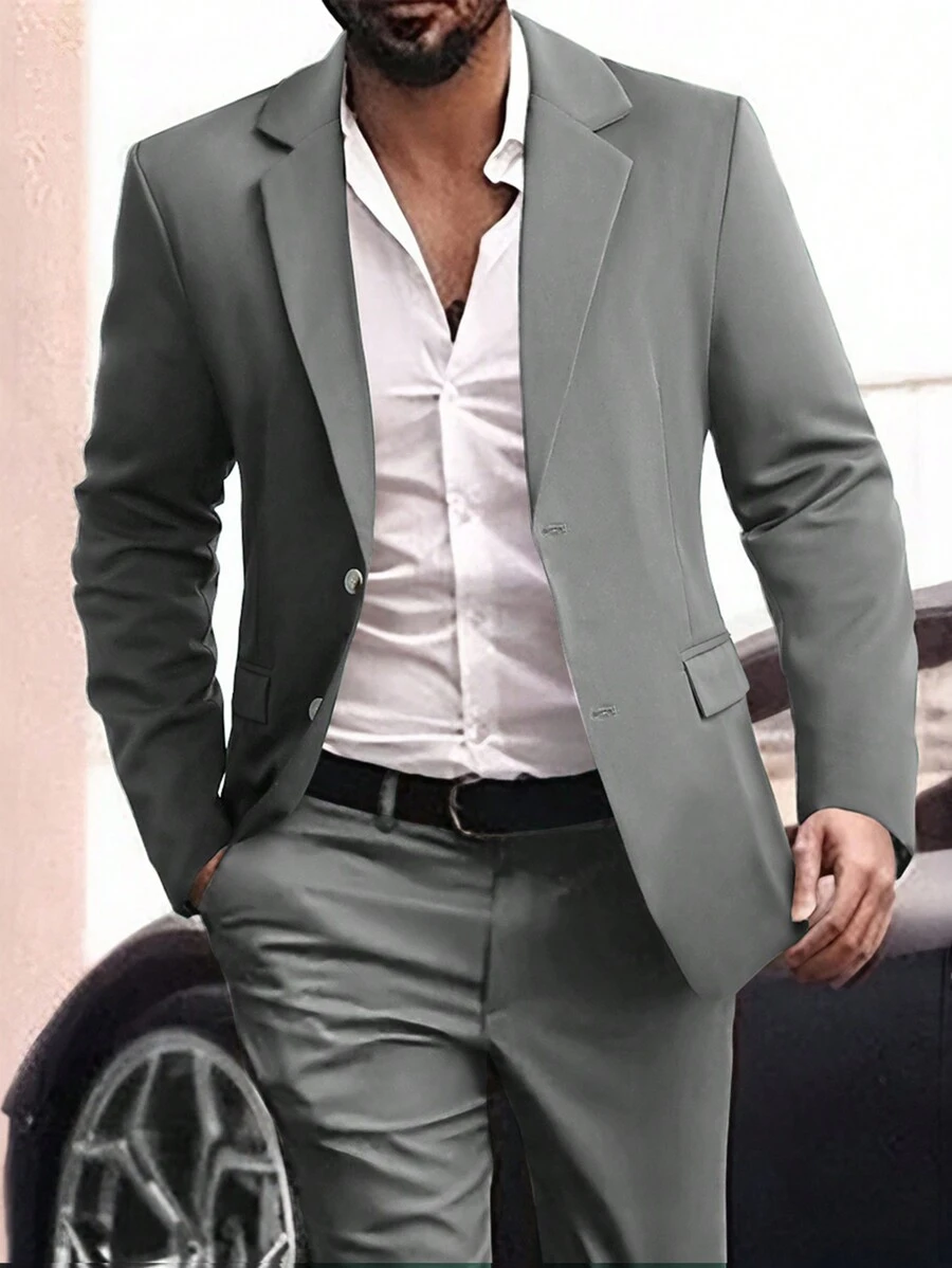 Calvornis Men's Spring And Autumn Solid Color Lapel Long-Sleeved Suit Jacket And Pants Business Travel Suit - Dark Grey - View 1