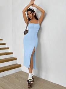 Leopard Print Midi Dress With Side Slit And Straps - Blue - View 3