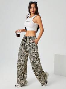 SHEIN PETITE Drawstring Waist, Flap Pockets, Side Parachute Cargo Leopard Print Pants - Multicolor - View 7