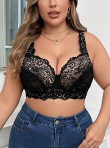Plus Size Lace Push-Up Bra With Underwire, 1pc Lingerie - Black - View 3