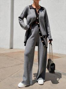 EURMUSE Woman Cardigan Set Elegant Button And Pockets Detailed Comfy Warm Sweater Pants Co-Ords - Dark Grey - View 5