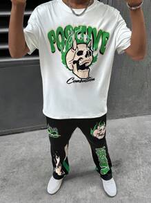 Manfinity LEGND 男士夏季街头风格拼色骷髅与字母印花短袖 T 恤和裤子套装，男士两件套服装，街头服饰，万圣节 - 彩色 - 查看 3