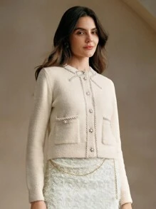 Anewsta Women's Elegant Light Yellow Beading Cardigan - Yellow - View 1