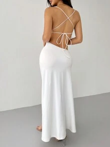 SHEIN PETITE Vestido largo de mujer de corte globo, con tirantes finos, espalda descubierta y cuello drapeado ceñido, color blanco - Blanco - Ver 4