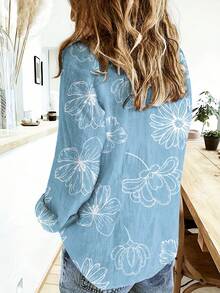 Camisa casual de manga larga con botones y estampados, estilo europeo y americano, nueva para primavera/otoño 2025 para mujeres - Azul - Ver 2