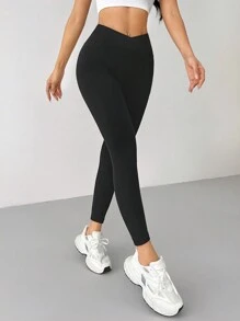 SHEIN PETITE Solid Color Black High Waisted Fleece Leggings - Black - View 8