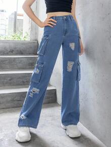 SHEIN Explorewe Tween Girls Jeans New Style Casual Fashion Ripped Cargo Style Washed Denim Straight Pants - Medium Wash - View 7