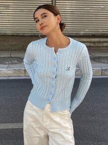 DAZY 女士图案刺绣修身长袖圆领麻花针织开衫，秋季女装 - 藍色 - 查看 6