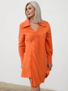 SHEIN LUNE Women Short Crew Neck Button Front Long Sleeve Casual Dress - Orange - View 6