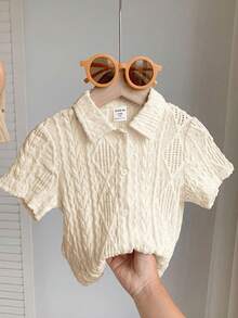 SHEIN LMoss Kids Áo cánh dệt kim họa tiết kim cương LMoss Young Girl màu trắng rộng rãi quá khổ - Màu be - Xem 5