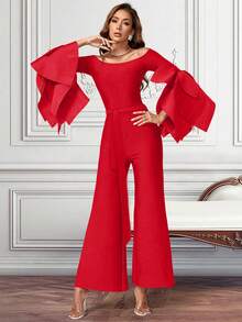 Elegant Ruffled Sleeve Fitted Bandage Jumpsuit - Red - View 3