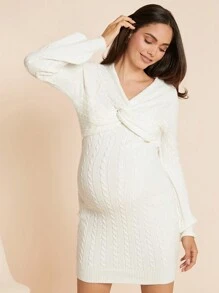 SHEIN 孕妇扭纹 V 领长袖修身毛衣，适合孕妇，秋冬季 - 白色 - 查看 5