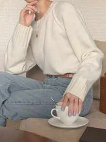 DAZY 女式圆领纯色长袖毛衣秋季 - 白色 - 查看 3