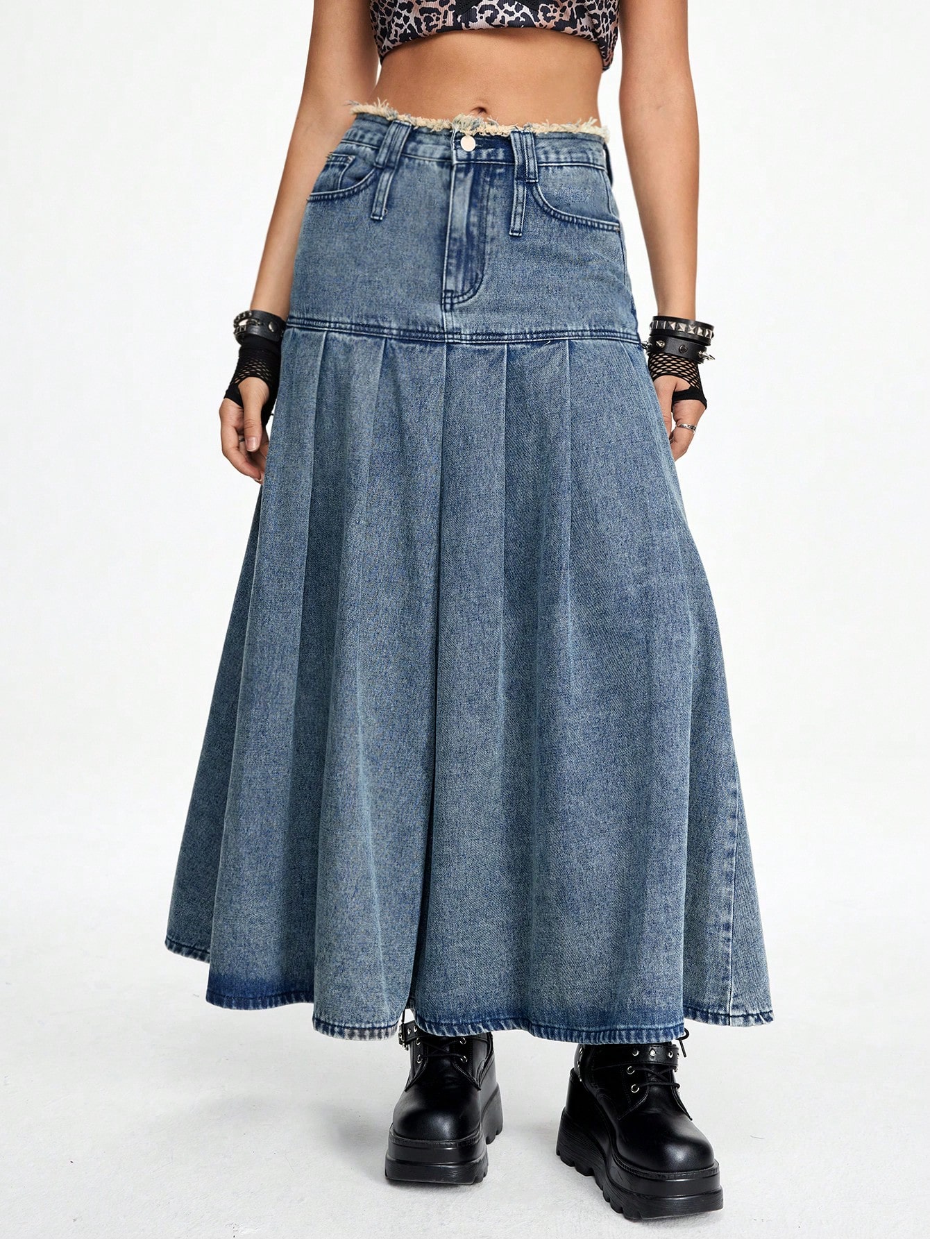 【BAON】Ayu Pleats Denim Midi Skirt Our Grunge Punk Women's Waist-Paneled Raw-Edge Pleated Denim