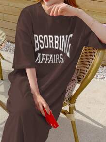 DAZY 女士简约字母印花宽松圆领短袖纯色休闲连衣裙夏季吊带长裙 - 棕色 - 查看 5