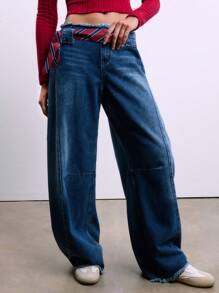 TypaGal Vintage Cotton Medium Wash Raw Hem Wide Leg Baggy Jeans - Blue - View 4