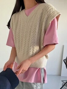 DAZY Vestă de pulover de primăvară și toamnă, ocazional, de culoare uni, tricot cablu - Caisă - Vizualizare 4