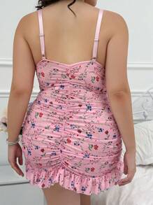 2 pièces Ensemble de camisole et string à volants en maille à imprimé floral grande taille