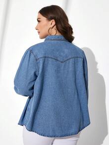 SHEIN CURVE+ Áo Denim Plus Size Không Co Giãn, Mỏng Và Đa Năng - Màu xanh lam - Xem 2