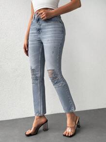 EURMUSE High Waist Ripped Mom Fit Jeans - Rửa trung bình - Xem 3