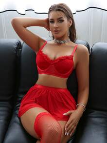 5 piezas/Conjunto Lencería sexy roja y romántica con encaje - Rojo - Ver 5