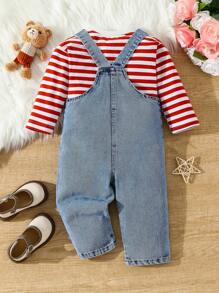 Toddler Casual Striped Top And Denim Outfit - Medium Wash - View 2
