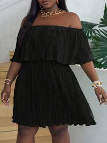 Slaydiva Vestido verde holgado de tela plisada con cuello de volantes y hombros descubiertos en talla grande - Negro - Ver 3