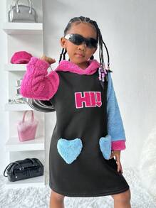 SHEIN Explorewe 年轻女孩可爱甜美渐变粉色蝴蝶泡泡袖网眼撞色连衣裙 - 黑色 - 查看 1