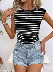 SHEIN LUNE 1 件女士休闲黑白条纹圆领短袖紧身衣 - 黑色 - 查看 5