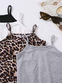 Wildeya Young Girl And Young Girl 3pcs/Set Casual Leopard Print Black, White, Gray Romper Jumpsuit, Suitable For Pairing With Jacket, Coat, Shirt, T-Shirt, Sweatshirt, Comfortable Fitting For Everyday Wear