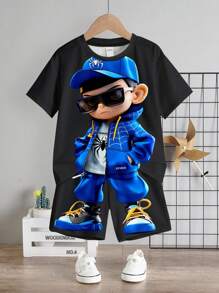 SHEIN Leap Crew 3D印花青少年休閒卡通圓領短袖T恤和短褲2件套裝，適用於夏季 - 黑色 - 查看 2