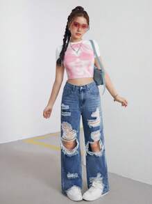 SHEIN Teen Girls Y2K Light-Colored High Waist Straight Wide-Leg Baggy Ripped Denim Jeans Pants With Slanted Pocket,Girls Summer Clothes Outfits