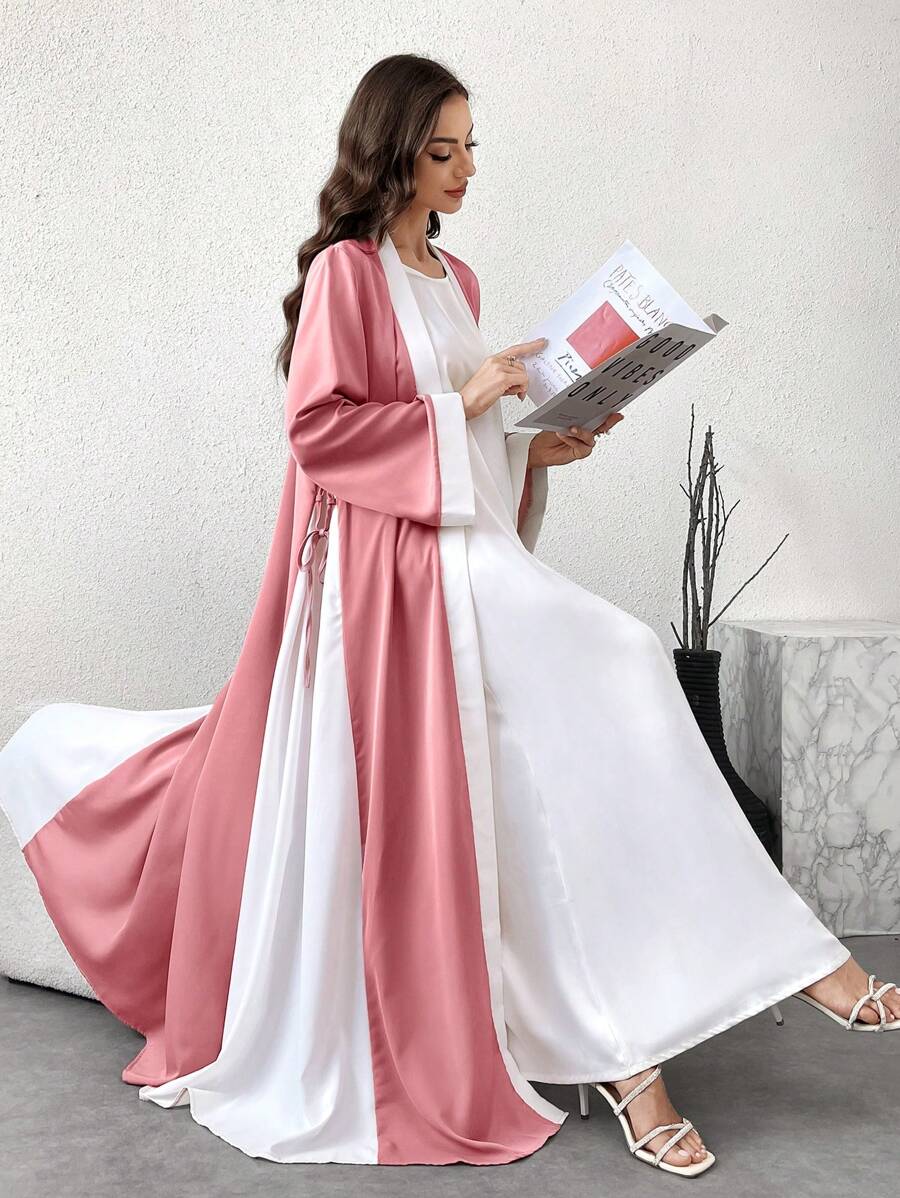 Yasmyna Áo Abaya Ả Rập ống rộng, viền tương phản, kín đáo cho nữ, hở phía trước, thanh lịch, dài tay, rộng rãi, thường ngày, mặc hàng ngày/ở nhà/văn phòng/du lịch/ngày lễ/tiệc tùng/đến trường - Hồng - Xem 1