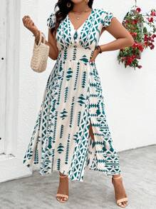 SHEIN Clasi Plus Size V-Neck Short Sleeve All-Over Print Button-Up Split Hem Dress - Multicolor - View 6