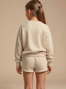 Tween Girl Round Neck Letter Print Tee And Shorts Set, Family Matching Outfits (Sold In 2 Separate Sets) - Apricot - View 4