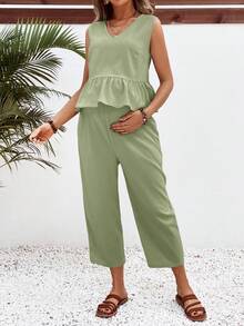 SHEIN Bộ sản phẩm 2 cái/bộ trang phục thường ngày cho nữ cổ chữ V có thể điều chỉnh eo và quần - màu xanh lá - Xem 4