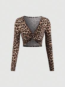 SHEIN Unity Leopard Print Front Twist V-Neck Cropped Long Sleeve Blouse - Multicolor - View 1