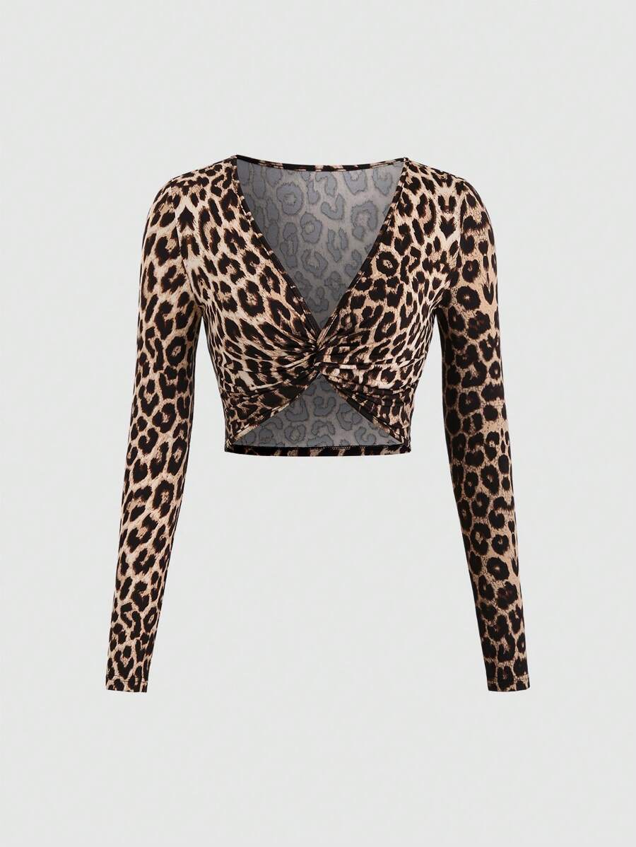 SHEIN Unity Leopard Print Front Twist V-Neck Cropped Long Sleeve Blouse - Multicolor - View 1
