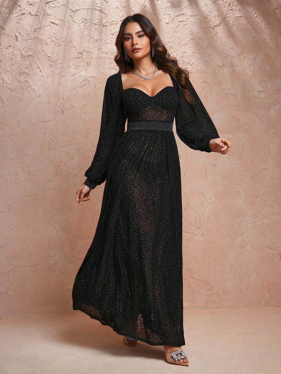Wild Elegance by SHAWN ANDREA Designer Women Sweetheart Neck Lantern Sleeve Sheer Long Elegant Dress, Holiday, Party, New Year Eve Outfit