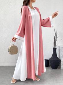 Yasmyna Áo Abaya Ả Rập ống rộng, viền tương phản, kín đáo cho nữ, hở phía trước, thanh lịch, dài tay, rộng rãi, thường ngày, mặc hàng ngày/ở nhà/văn phòng/du lịch/ngày lễ/tiệc tùng/đến trường - Hồng - Xem 8