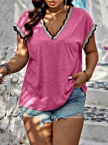 SHEIN LUNE Plus Size Áo thun có mối nối ruy băng màu tương phản thông thường - Màu Hồng Tươi - Xem 1