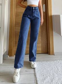 SHEIN PETITE High Waist Straight Leg Jeans - Blue - View 5