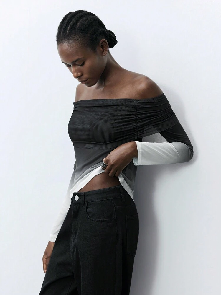 SHEIN Maija Women's Spring And Summer Fashion Off Shoulder Gradient Mesh T-Shirt