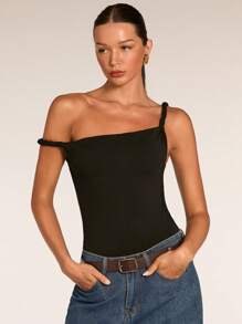 SHEIN BAE Women's Black Asymmetric Neck Twist Casual Bodysuit/Fashionable Outgoing, Versatile Minimalist/Sleeveless Fitted Bodysuit - Black - View 5