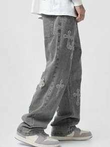 ROMWE MEN Street Life 男士交叉贴布直筒宽松休闲牛仔裤 - 灰色 - 查看 4